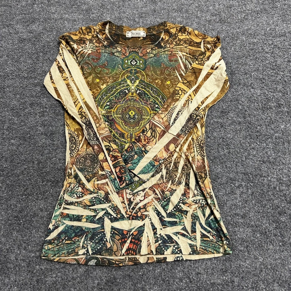 Decree Top Womens Size S Brown Graphic Print Long Sleeve Slim Fit Earth tone